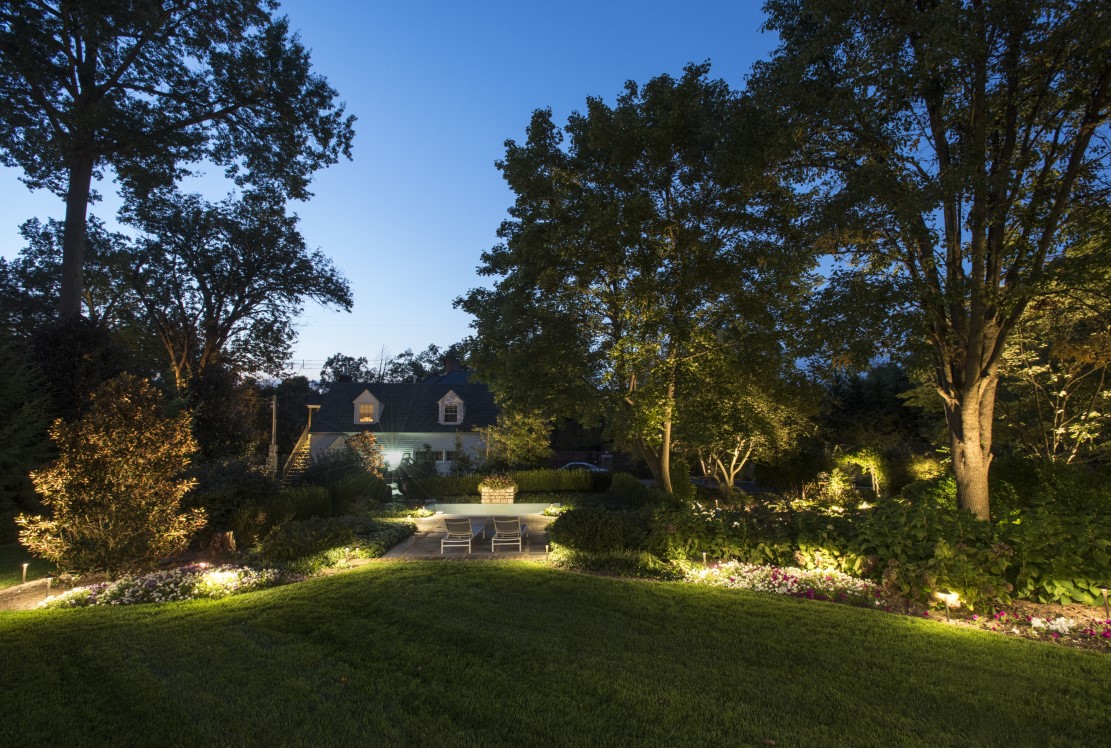 backyard with lots of grass and trees illuminated with OLP lighting